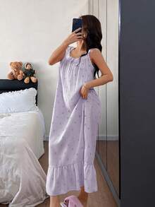 Napfluff Ruffled Hem Striped Bow Print Sleeveless Cute Women's Nightgown In Deep Purple - Purple - View 3