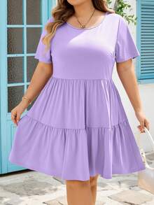 SHEIN CURVE+ 大码休闲纯色短袖连衣裙，夏季 - 紫色 - 查看 7