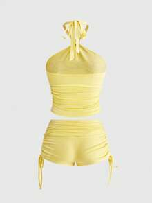 ROMWE Y2K Rhinestone Halter Crop Top And Low-Rise Shorts 2 Pieces Set For Women - Pale Yellow - View 2
