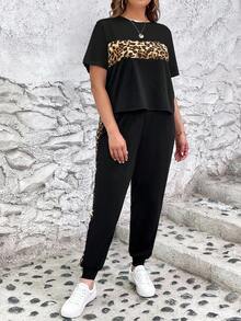 SHEIN LUNE Plus Size Women Leopard Print Short Sleeve T-Shirt And Pants Casual 2 Piece Set Tracksuit Co Ord Outfit For - Black - View 6