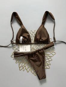 SHEIN Swim Vcay 女士夏季沙滩纯色性感比基尼泳衣套装 棕色内衣套装 棕色两件式泳衣 棕色比基尼 女士比基尼套装 女士泳装两件套 - 棕色 - 查看 2