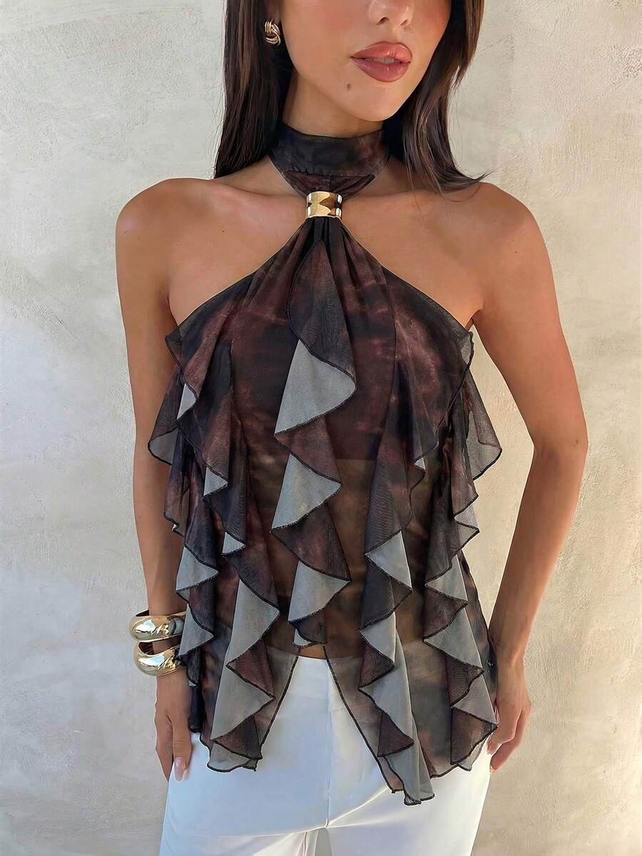 Aloruh Women's Elegant Multi-Layer Ruffle Trim Stand Collar Fitted Tank Top - Coffee Brown - View 1