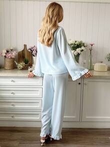 Snug Reverie Women's Ruffled Long Sleeve Pajama Set With Floral Decor, Suitable For Romantic Holidays, Spring & Autumn - Baby Blue - View 2