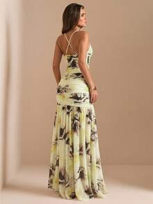 xheSHEIN  Vestido ajustado de mujer con malla, cuello profundamente drapeado, abertura alta y estampado floral, vestido sexy y elegante para playa y resort, primavera/veranoxhe - Albaricoque - Ver 4