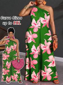 SHEIN CURVE+ 大码女式度假梭织舒适绿色和红色花卉数码印花无袖连体裤，性感优雅，适合各种场合，如假期、毕业季、返校季、正式活动、派对、约会和情人节。 - 綠色 - 查看 5