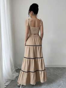 SHEIN Raffinéa 女士优雅无袖上衣和迷你裙套装 - 卡其色 - 查看 2