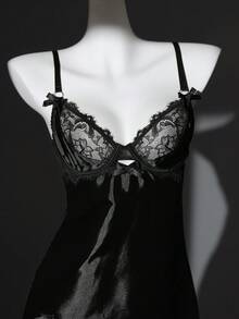 Seduluxe Valentine's Day Satin Contrast Lace Backless Bodycon Dress 2 Pieces Set - Black - View 4