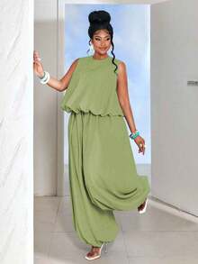 Maweii Plus Size Women Solid Color Round Neck Peplum Top And Loose Pants 2 Pieces Set - Green - View 1