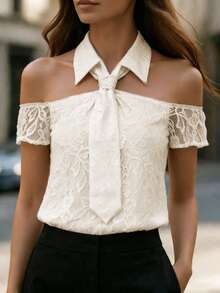 Balvessa Blusa de mujer con cuello de lazo y diseño hombros descubiertos - Albaricoque - Ver 1