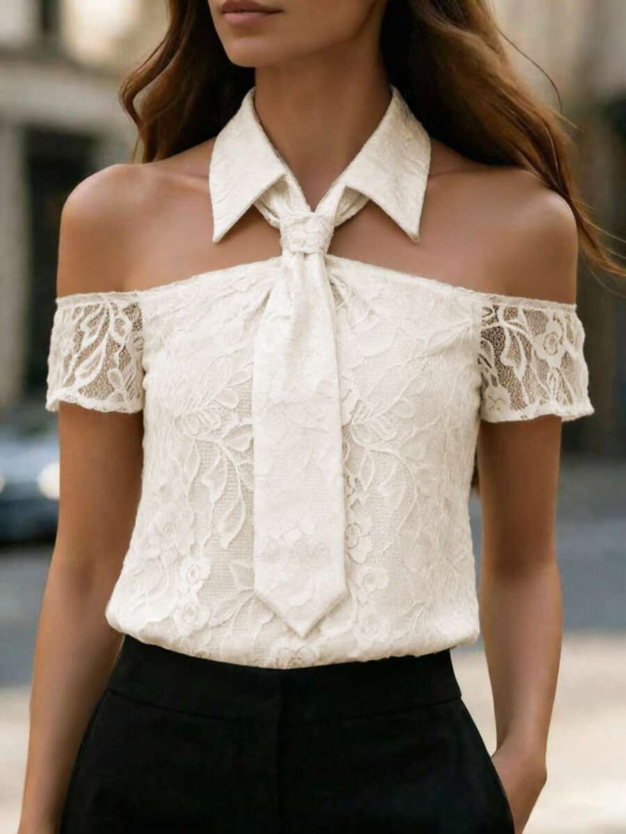 Balvessa Blusa de mujer con cuello de lazo y diseño hombros descubiertos - Albaricoque - Ver 1