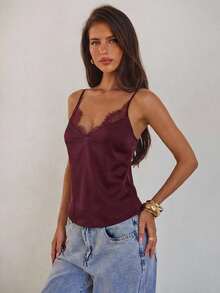 Aloruh Women's Sexy Brown & Burgundy Lace Trim Camisole Vest For Spring/Summer,Summer Top - Chocolate Brown - View 1