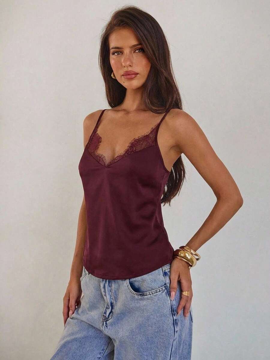 Aloruh Women's Sexy Brown & Burgundy Lace Trim Camisole Vest For Spring/Summer,Summer Top - Chocolate Brown - View 1