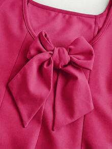Firerie Kids Tween Girls' Lovely Square Neck A-Line Patchwork Dress With Oversized Bow At Back - Hot Pink - View 3