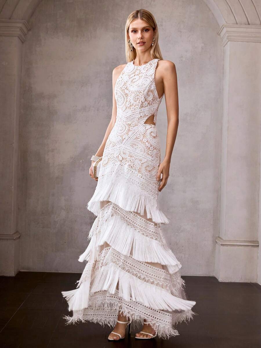 MOTF Soiréza Đầm dự tiệc phối ren, tua rua, Xuân/Hè - trắng - Xem 2