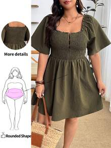 Enliva Plus-Size Women's Resort-Style Plaid Raglan Sleeve Button-Down Dress, Summer Puff Olive Green Plus Size Women For Apple And Rounded - Army Green - View 1