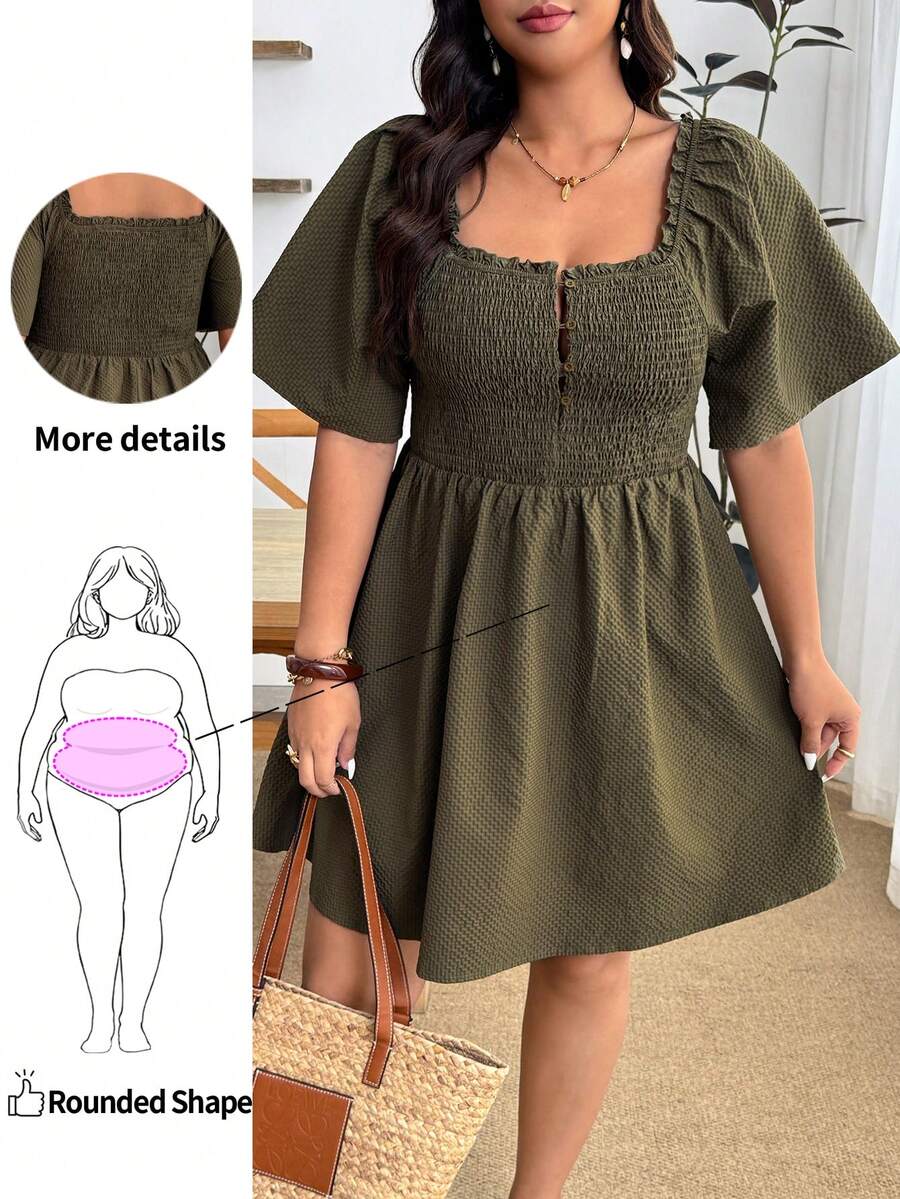 Enliva Plus-Size Women's Resort-Style Plaid Raglan Sleeve Button-Down Dress, Summer Puff Olive Green Plus Size Women For Apple And Rounded - Army Green - View 1