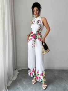 Elenzga Bộ áo liền quần không tay in hoa thanh lịch dành cho nữ, thích hợp cho mùa hè. - Nhiều màu - Xem 3