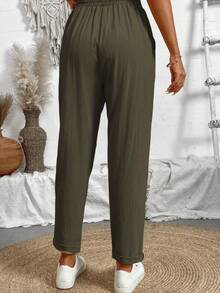 EMERY ROSE Casual Solid Color Drawstring Tapered Pants - Army Green - View 2