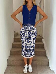SHEIN LUNE Conjunto de 2 piezas de estilo minimalista casual con top de tirantes azul, combinado con cárdigan con botones y estampado floral retro, y falda, adecuado para primavera/verano - Multicolor - Ver 5