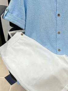 SHEIN Teen Boy Casual Textured Wave Stripe Short Sleeve Shirt And Shorts Set, Spring/Summer - Blue - View 3