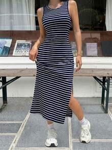 SHEIN EZwear EZwear 女士条纹露背侧开衩中长连衣裙，藏蓝色 - 藏蓝色 - 查看 3