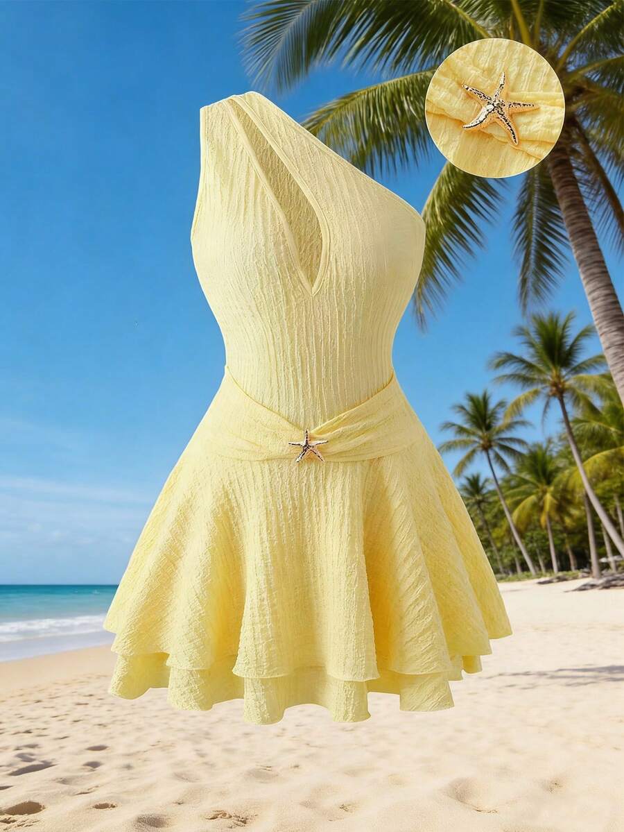 SHEIN Franclia Đầm slip không tay cổ chữ V dành cho nữ, chất liệu có họa tiết, với phần gấu xếp lớp, thích hợp cho kỳ nghỉ, hẹn hò và mặc thường ngày. - Vàng nhạt - Xem 1