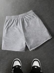 Manfinity Roghcode Pantalones cortos de verano casuales para hombres con cordón en la cintura, diseño rasgado, bordado de letras, bordado de toalla, pantalones cortos versátiles de uso diario de pierna ancha en color gris - Gris - Ver 2