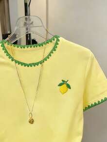 Resyla Women's Casual Contrast Trim Embroidered T-Shirt, Summer - Yellow - View 3