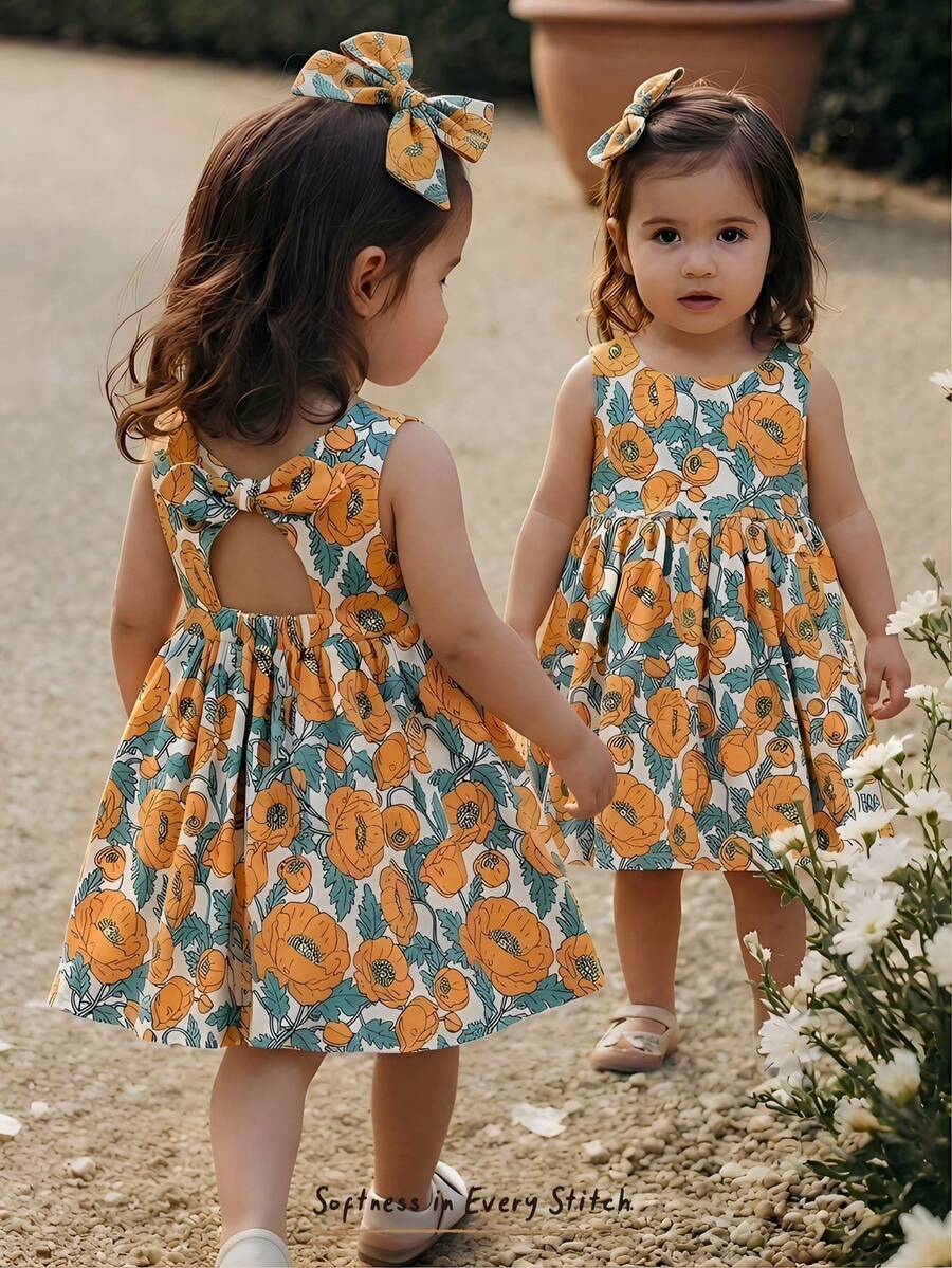 Cozy Pixies Baby Girl Floral Print Round Neck Sleeveless Waist Dress Spring Dresses For Girls Vacation Floral Dress Bow Decoration - Multicolor - View 1