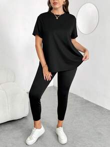 Enliva Plus-Size Women's Sommar Black Casual Gym Short-Sleeved T-Shirt And Leggings 2 Pieces Set,Comfortable Sportswear For Apple And Rounded Body - Black - View 5