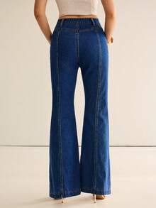 CielaLinda Jean évasé bleu foncé multi-poches pour femmes, pantalon en denim à taille haute et jambes évasées, style de rue estival, bohème quotidien pour festival, mode Y2K - Bleu azur - Voir 2