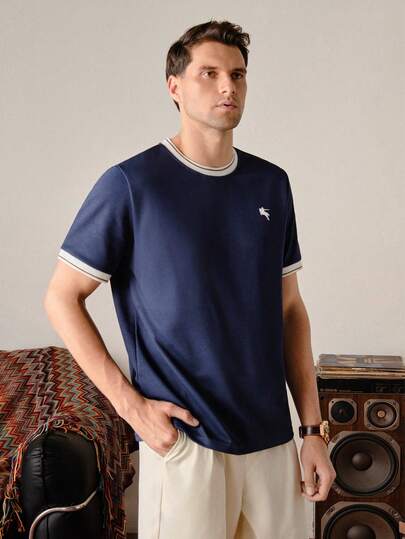 VeloEdit Navy Blue Color Men's Contrast Color Short Sleeve T-Shirt, Suitable For Home, Outing, Office Wear Navy Men's T Shirt Navy Blue Top Men Men Casual Top Old Money