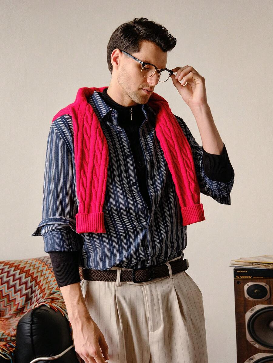 VeloEdit 男士復古棕色與白色條紋休閒長袖襯衫,秋季男士條紋海軍藍與灰色袖口,老錢風 - 寶藍色 - 查看 1