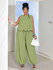 Maweii Plus Size Women Solid Color Round Neck Peplum Top And Loose Pants 2 Pieces Set - Green - View 4