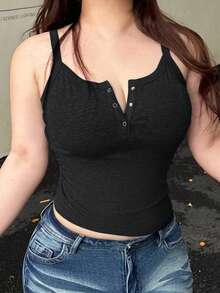 Dazy Plus Solid Color Half-Button Collar Fitted Elastic Black Cropped Cami Top - Black - View 5
