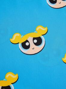 PopScrub THE POWERPUFF GIRLS X SHEIN 女士夏季亮蓝色印花短袖V领手术服上衣，卡通大眼睛口袋设计护士制服 - 藍色 - 查看 4