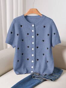 CosyJoli Cardigan à col rond, manches courtes, à simple boutonnage, avec broderie en forme de cœur, pour femmes grandes tailles - Bleu azur - Voir 6
