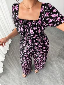GlowEve CURVE Bộ jumpsuit dài tay phồng, thắt eo họa tiết hoa nhí dành cho nữ cỡ lớn - Hồng - Xem 7