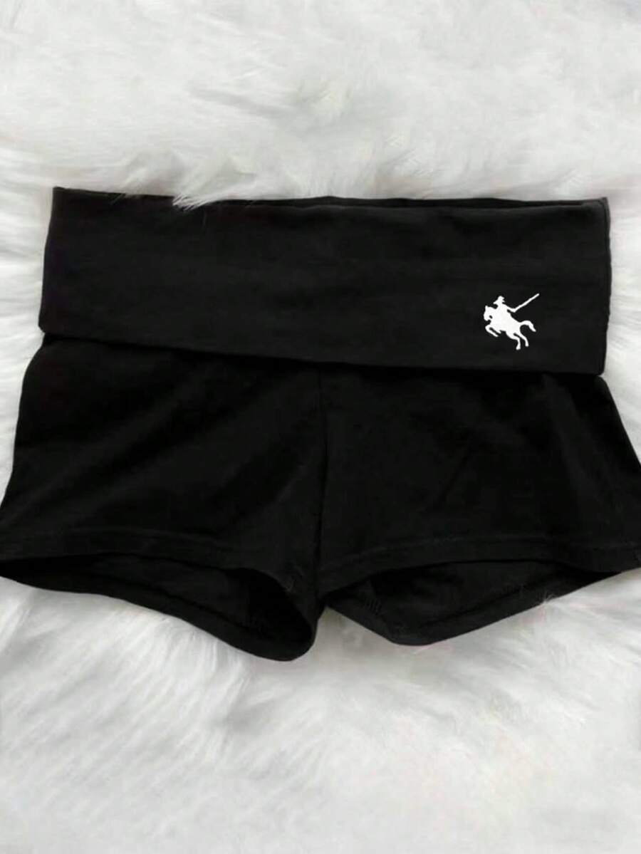 SHEIN 女士刺绣休闲夏季百搭短裤 - 黑色 - 查看 1
