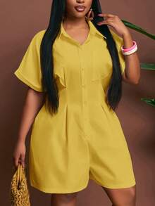 Slaydiva Mustard Yellow,Summer,Smart Casual,Vacation Plus Size Short Jumpsuit,Solid Shirt Collar Open Front Pocket Rolled Cuff Waisted Semi-Sheer Woven Fabric - Yellow - View 7
