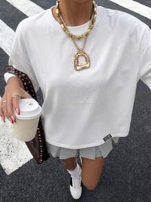 SHEIN Muchic 95%纯棉女士休闲街头风宽松短袖T恤，女士夏季服装，女士日常穿搭 - 白色 - 查看 5