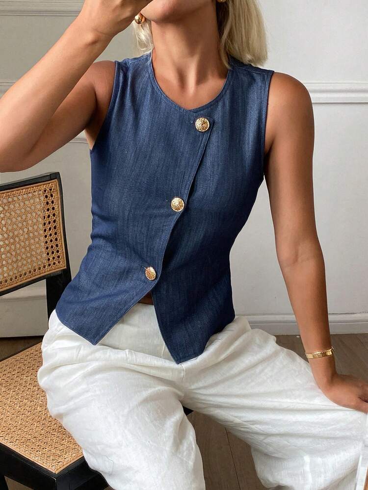 Women's Solid Color Oblique Collar Sleeveless Shirt, Elegant Summer Vacation Blouse