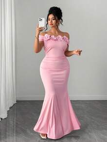 Elenzga Plus Size Pink 3D Floral One-Shoulder Mermaid Formal Dress, Slim Fit Evening Gown - Pink - View 3