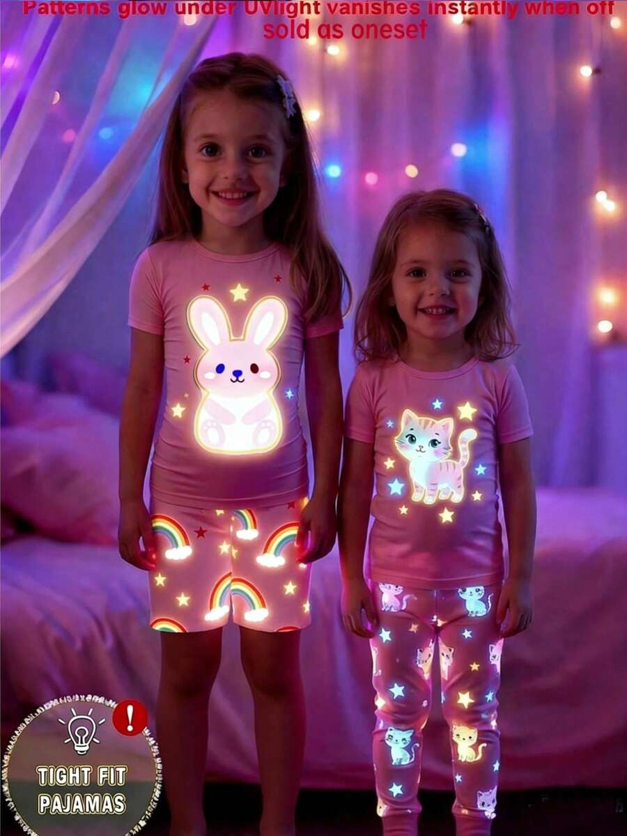 女婴两件套贴身睡衣套装，可爱兔子和彩虹夜光印花，弹力针织面料，柔软舒适的短袖上衣和裤子，春夏款 - 粉色 - 查看 1