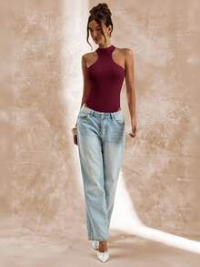 SHEIN BAE Apricot Sleeveless Asymmetric Cutout Bodysuit, Tight Fitted Bodysuit For Women, Spring/Summer - Burgundy - View 6