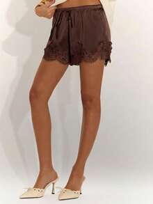 SHEIN BAE Women's Drawstring Waist Lace Patchwork Casual Versatile Daily Wear Shorts - Coffee Brown - View 4