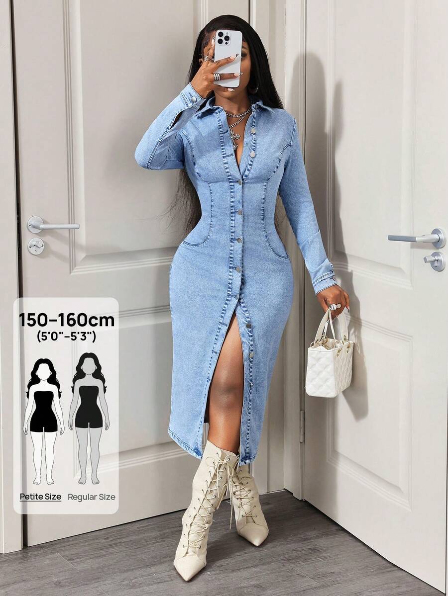 SHEIN PETITE 女士常规肩部长袖修身前扣牛仔连衣裙，时尚夏季款 - 淺色水洗藍 - 查看 1