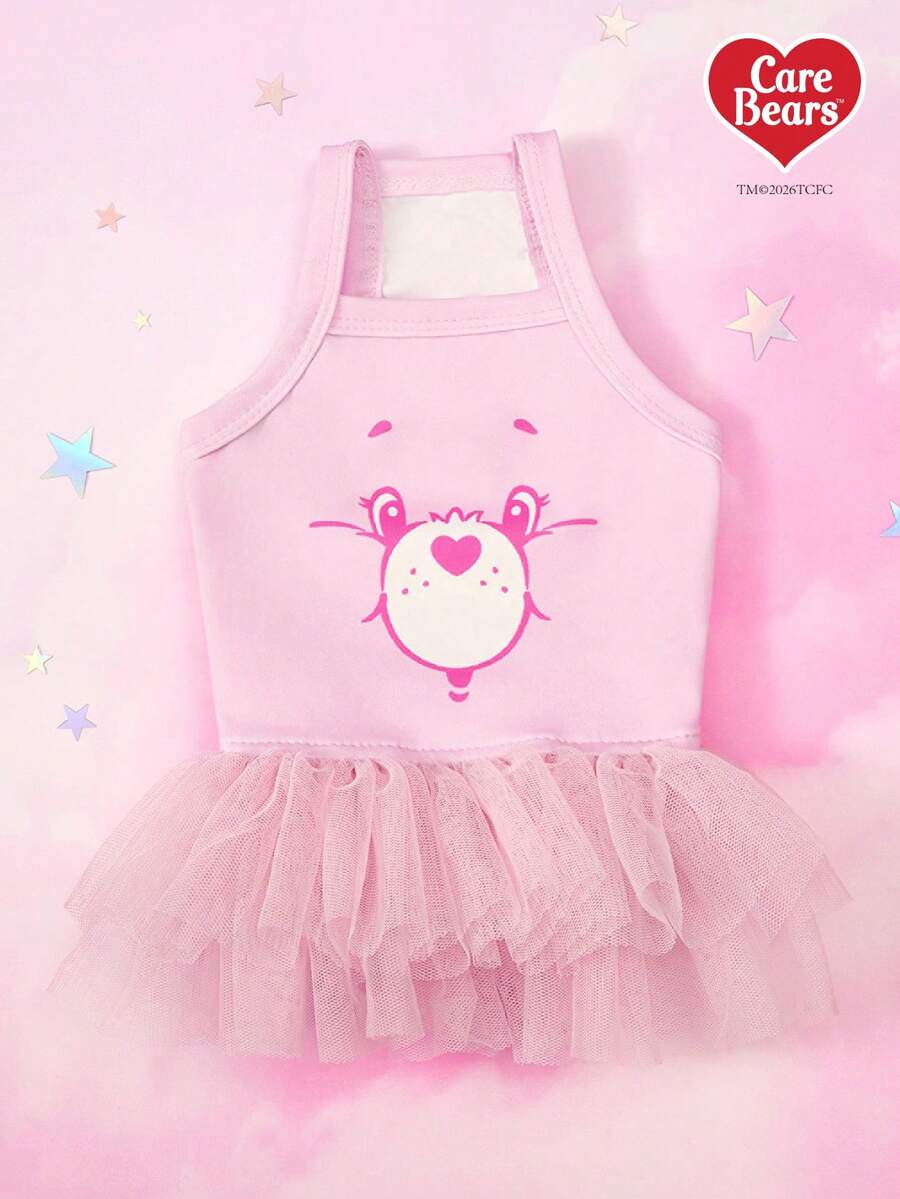 Care Bears X PETSIN 1件猫狗通用服装，粉色吊带连衣裙，印有可爱小熊图案，春夏薄款公主风宠物连衣裙 - 粉色 - 查看 1