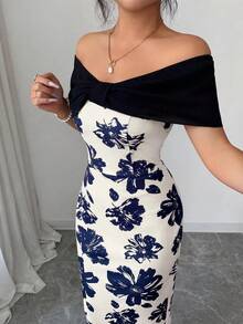 Selianne 露肩蝴蝶结撞色腰身修身印花面料优雅浪漫简约女式连衣裙 - 彩色 - 查看 7