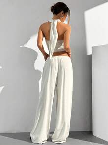 SHEIN EZwear Linen 2pcs/Set Women Solid Color Halter Backless Sleeveless Top And Drawstring Long Pants - Apricot - View 2